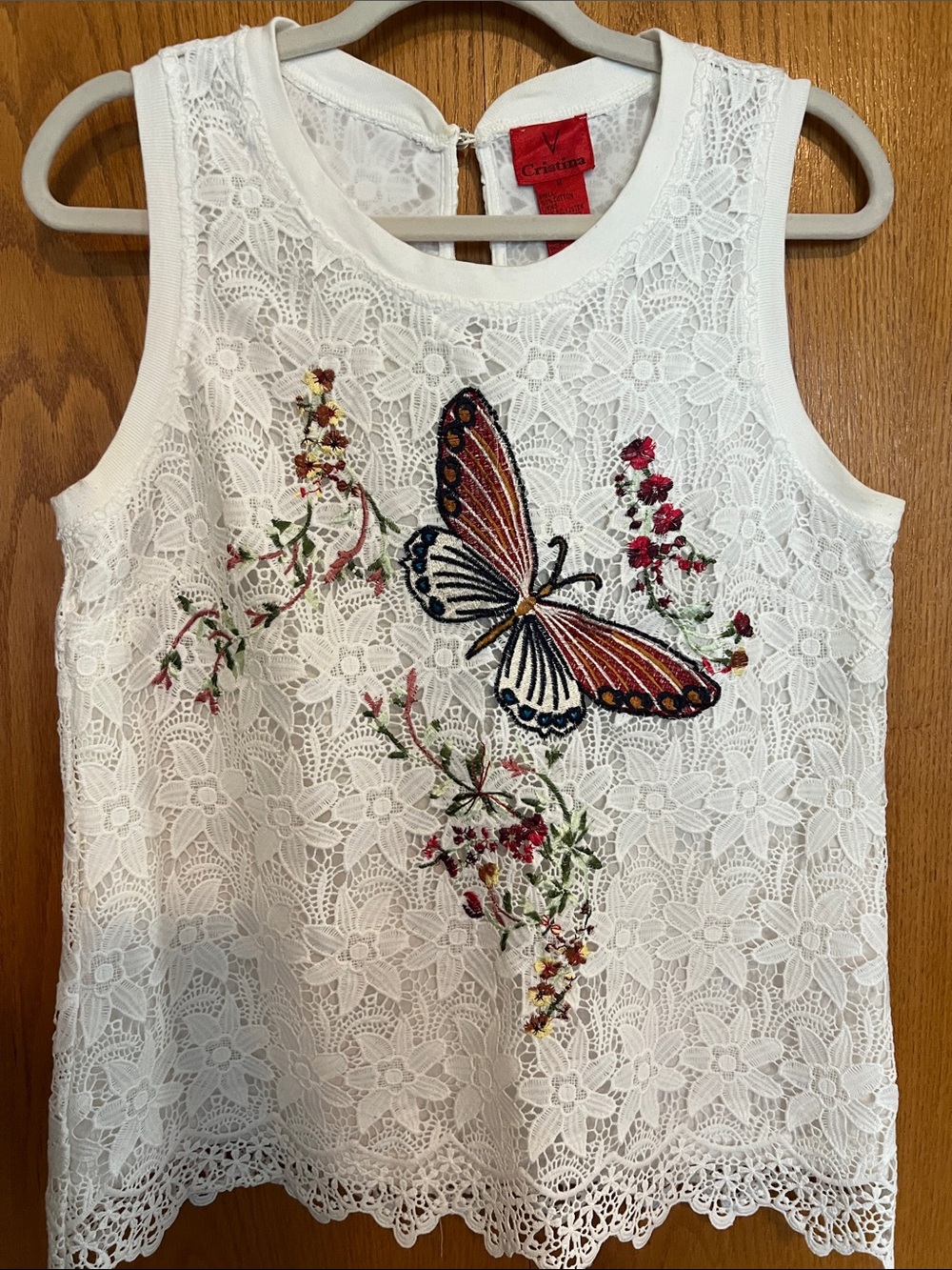 V Cristina White Lace Tank with Embroidered Orange Butterfly